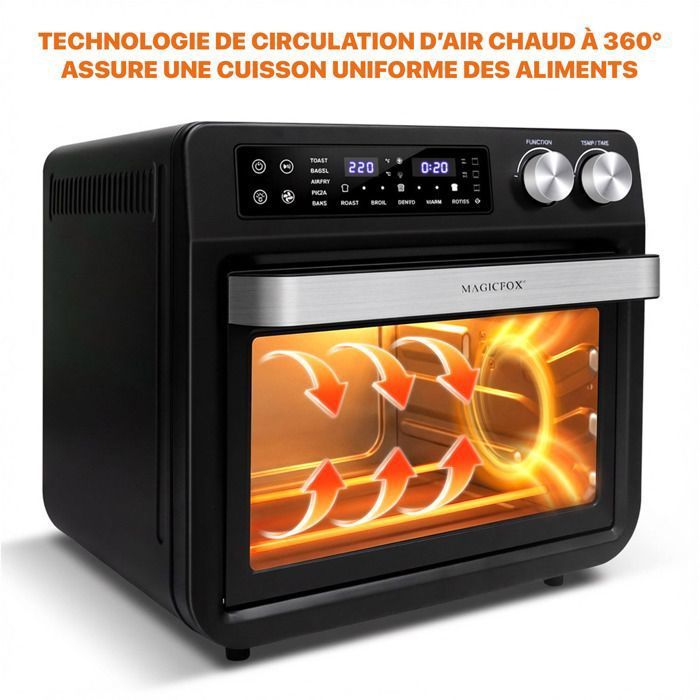 Four de table électrique 46L, avec Tournebroche, Porte double vitrée, 6 modes Multi Fonction, Programmable 230°, Minuterie 60 min