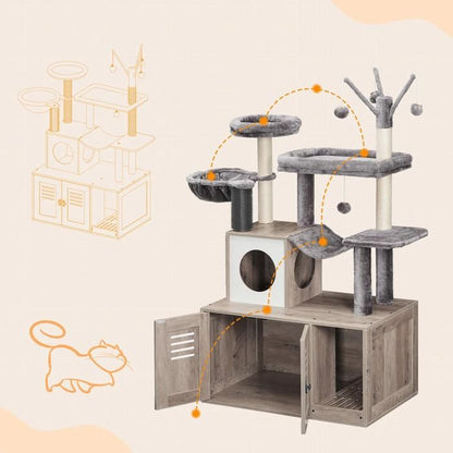 Arbre à Chat avec Maison de Litière pour Chat-HOOBRO-Maison pour Chat en Bois avec Tour à Chat-60 x 45 x 151 cm-Grège