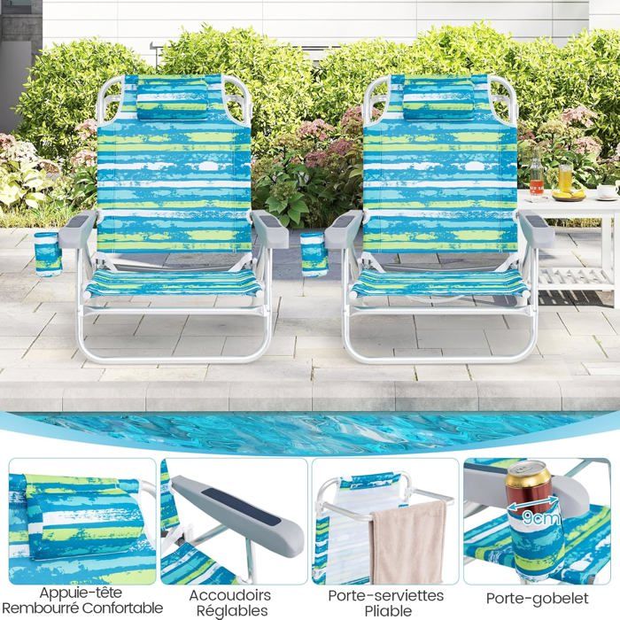 Lot de 2 Chaises de Jardin Extérieur Pliable COSTWAY, Cadre Léger en Aluminium, Dossier Réglable en 4 Positions, Sac Isotherme