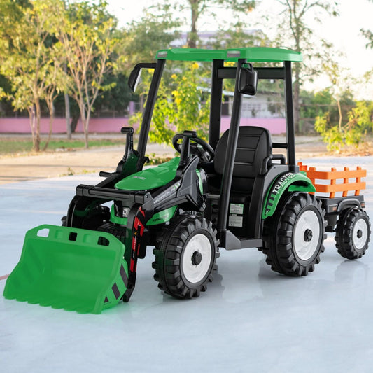 12V Tracteur Électrique Enfants avec Pelle&Remorque Amovible Véhicule Électrique à 6 Roues avec Télécommande & Musique 3-6 km/h pour 3-8 Ans Jaune/Vert