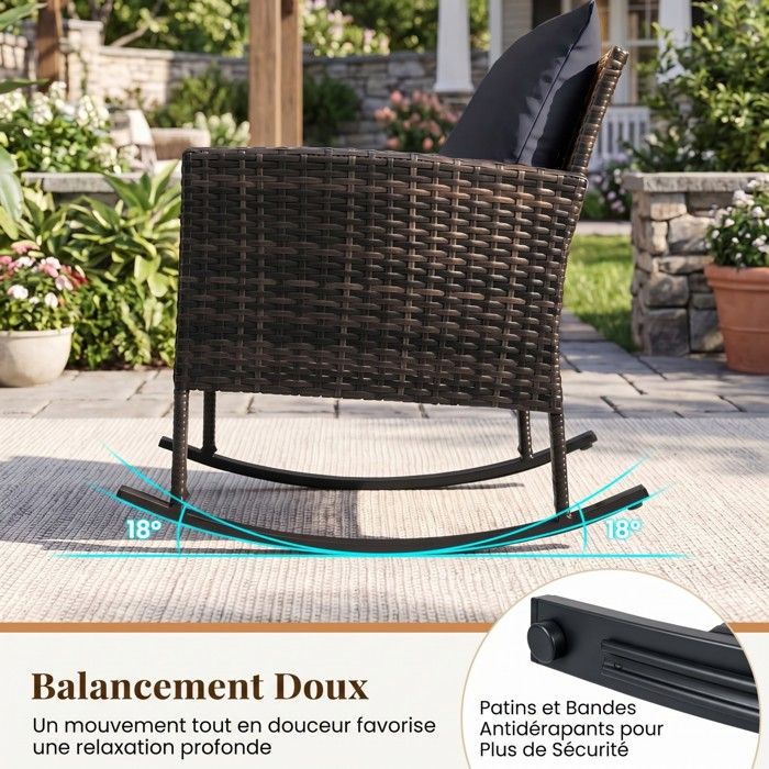 Ensemble Bistro de Jardin 3 Pièces COSTWAY, 2 Fauteuils à Bascule, Table Basse en Verre, Dossier et Coussins Déhoussables, Gris