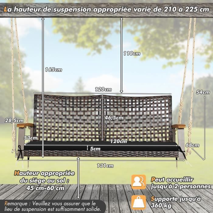 COSTWAY Banc Suspendu 2 Places en Rotin avec Cordes et Accoudoirs en Bois d'Acacia, Charge 360 kg, pour Jardin, Balcon, Marron