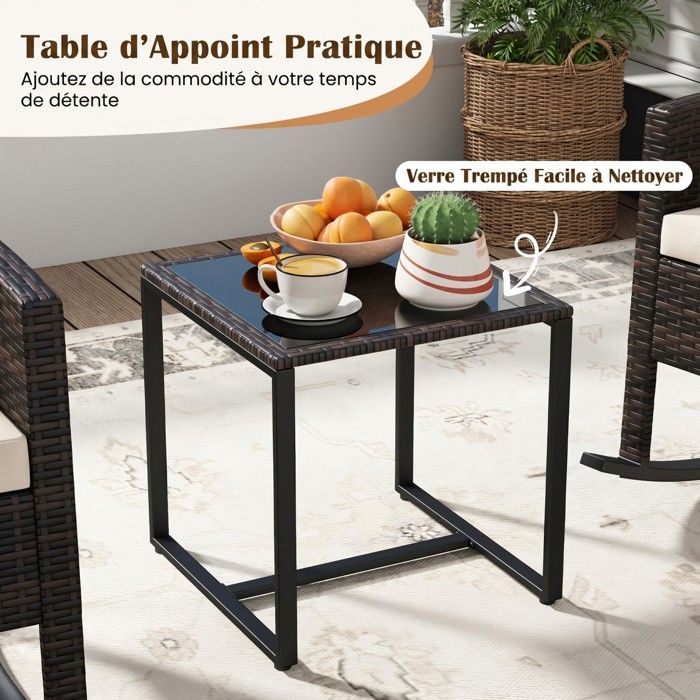 Ensemble Bistro de Jardin 3 Pièces COSTWAY, 2 Fauteuils à Bascule, Table Basse en Verre, Dossier et Coussins Déhoussables, Gris