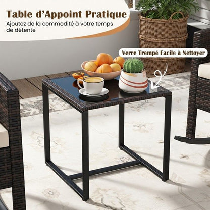 Ensemble Bistro de Jardin 3 Pièces COSTWAY, 2 Fauteuils à Bascule, Table Basse en Verre, Dossier et Coussins Déhoussables, Gris