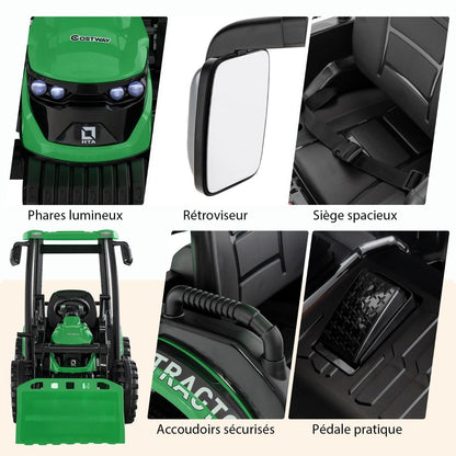 12V Tracteur Électrique Enfants avec Pelle&Remorque Amovible Véhicule Électrique à 6 Roues avec Télécommande & Musique 3-6 km/h pour 3-8 Ans Jaune/Vert