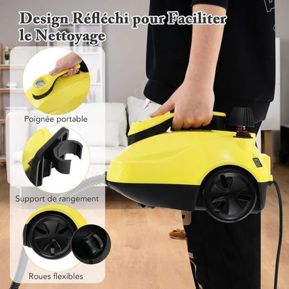 Nettoyeur Vapeur Polyvalent 2000W COSTWAY pour Punaises de Lit-5 BAR-15 Accessoires et Manomètres-Réservoir 1,8L-160°C-4 Roue-Jaune