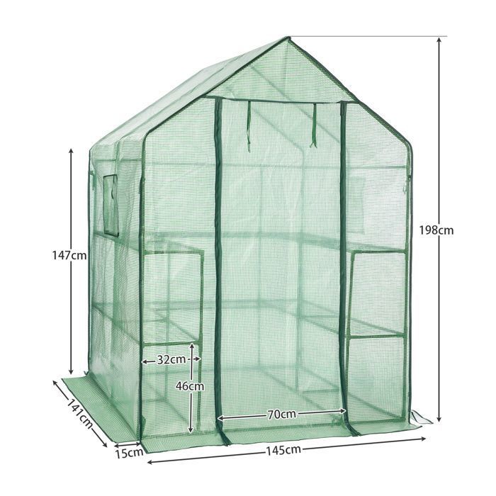 Serre de Jardin avec 10 Étagères, Abri pour Plantes, avec Porte Enroulable, Fenêtre, Fermeture Éclair,  145 x 141 x 198 cm,Vert