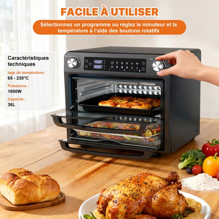Four électrique Numérique à Commande tactile, avec 10 programmes prédéfinis, Porte double vitrée, Tournebroche, Programmable 230°