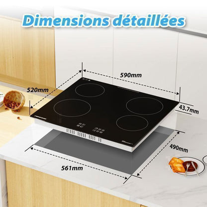 Plaque de Cuisson Vitrocéramique FIREGAS - 4 zones 7200W - L59 x P52 cm - Noir