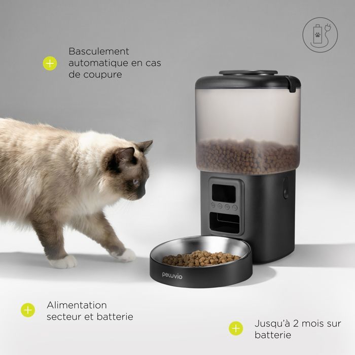 Distributeur de croquettes Automatique Chat PELUVIO Crispy - WiFi - 4,5 L - 4 Repas/jour - Enregistrement Vocal - Noir