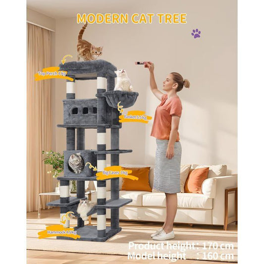 170 cm Grand Arbre à Chat, Tour à Chat pour Chats d'intérieur, avec Grand Perchoir, Tapis Lavable, 2 Niches Chats,  Gris Foncé