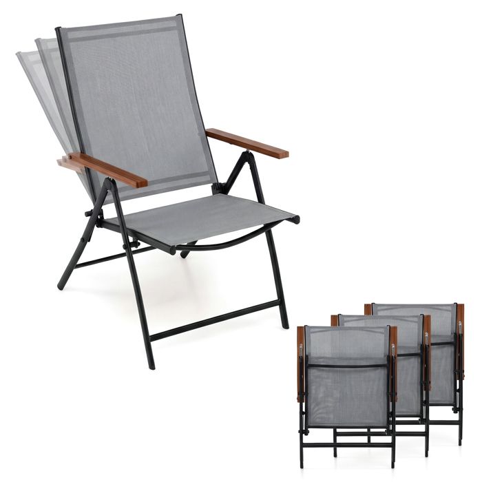 Lot de 4 Chaises Pliantes de Jardin COSTWAY, Dossier Ajustable à 5 Positions, Accoudoirs, Cadre en Métal, Extérieur Intérieur, Noir