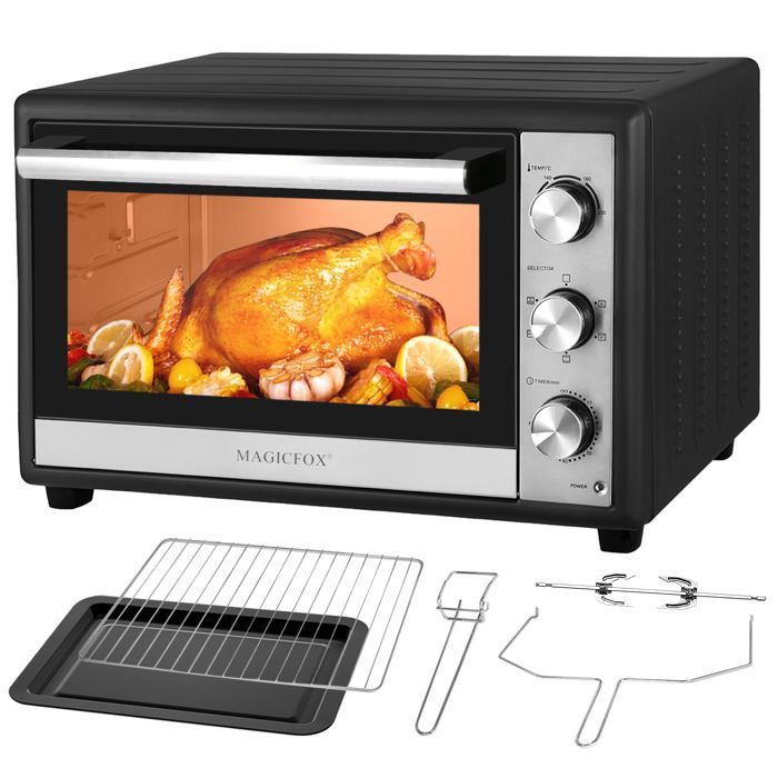 Four électrique à convection, 46L avec Tournebroche, 6 modes de cuisson, Lèchefrite avec pince, Grille de cuisson - Noir/Inox