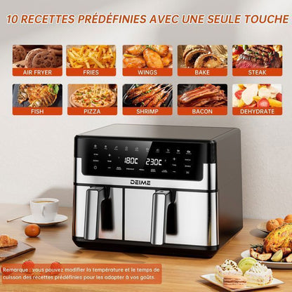 DEIME Air Fryer 6.5L+3.5L - Friteuse sans Huile 10L - Double cuve - 10 Programmes de cuisson - 2800W - Noir