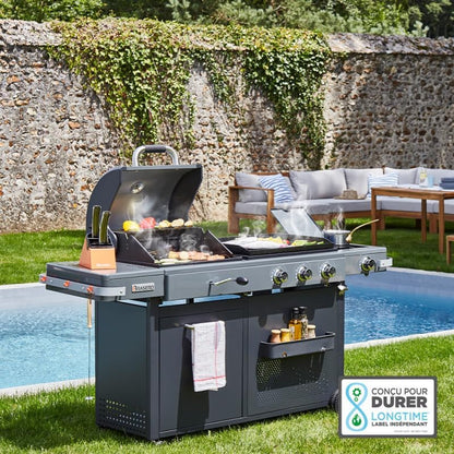 - Barbecue Bi-Energy Gun Metal XL - Barbecue Charbon et Plancha 60 x 42 cm à gaz avec brûleur latéral -12,95 KW