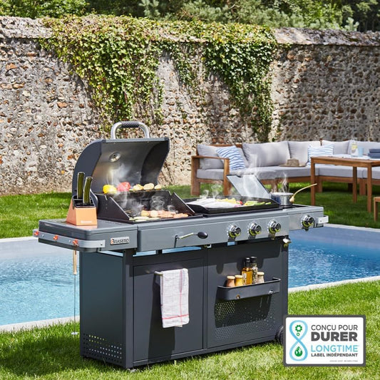 - Barbecue Bi-Energy Gun Metal XL - Barbecue Charbon et Plancha 60 x 42 cm à gaz avec brûleur latéral -12,95 KW