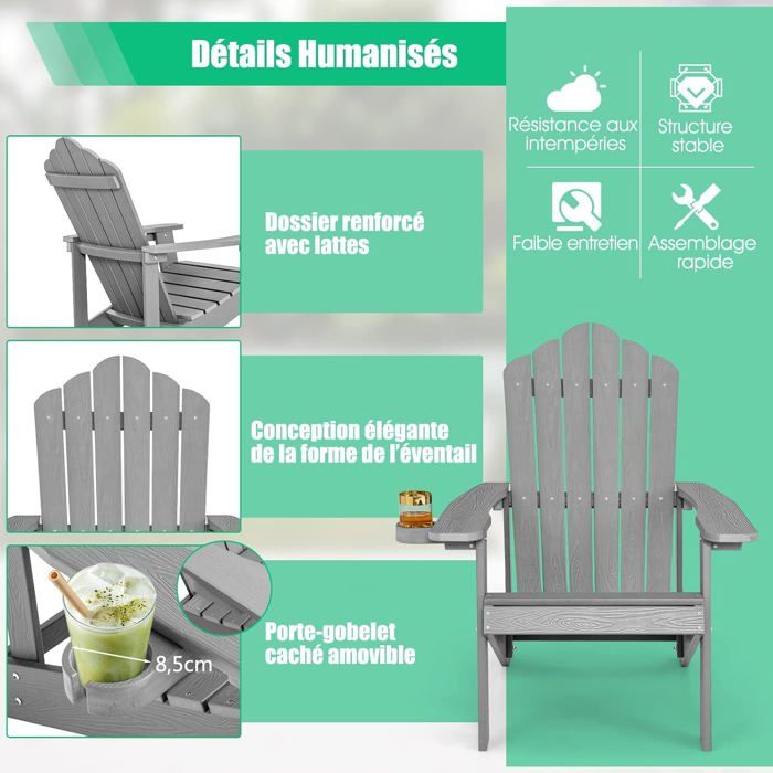 COSTWAY Fauteuil de Jardin Adirondack en HIPS Bois Massif Imperméable avec Porte-Gobelet Charge 170KG pour Piscine Terrasse, Noir