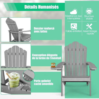 COSTWAY Fauteuil de Jardin Adirondack en HIPS Bois Massif Imperméable avec Porte-Gobelet Charge 170KG pour Piscine Terrasse, Noir