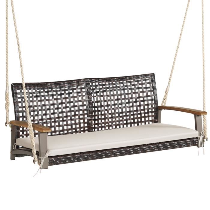 COSTWAY Banc Suspendu 2 Places en Rotin avec Cordes et Accoudoirs en Bois d'Acacia, Charge 360 kg, pour Jardin, Balcon, Marron