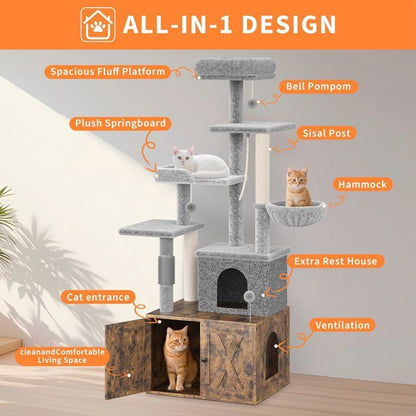 Arbre à Chat 2 en 1+ Enceinte de Litière Cachée - Meuble Chat Multiniveaux, Poteaux à Gratter, Boules Suspendues, Armoire - Marron