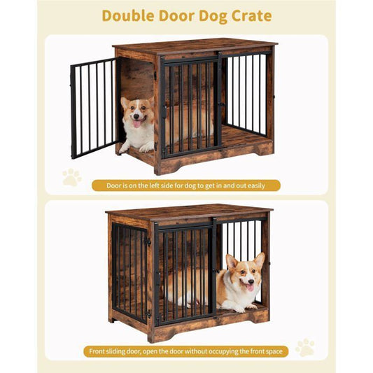 81cm Cage pour Chiens, Table d’Appoint, Niche Moderne pour Chiens, Cage pour Chiots,2 Portes, 55 x 81 x 67,5 cm, Marron Rustique