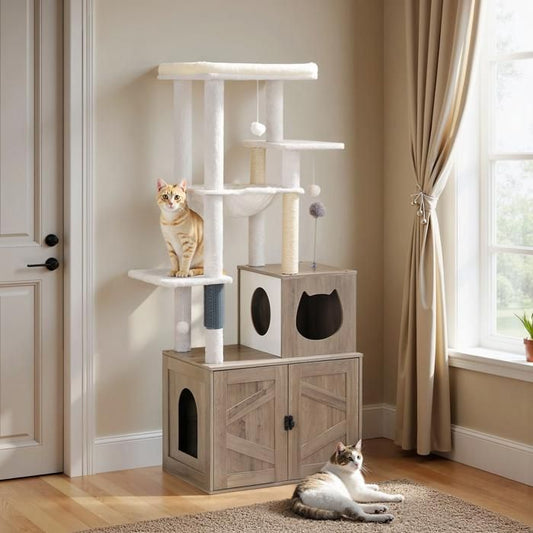 Arbre à Chat avec Maison de Litière pour Chat-HOOBRO-Maison pour Chat en Bois avec Tour à Chat-60 x 45 x 151 cm-Grège