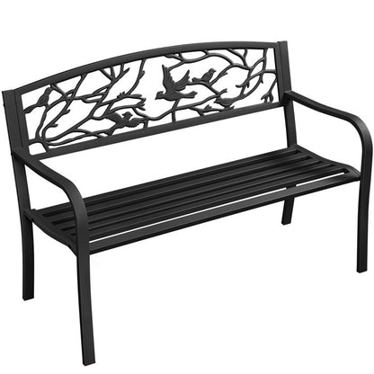 Yaheetech Banc de Jardin en Métal Banc Extérieur avec Dossier à Motif d'oiseau Siège à Lattes 127 x 63 x 86 cm