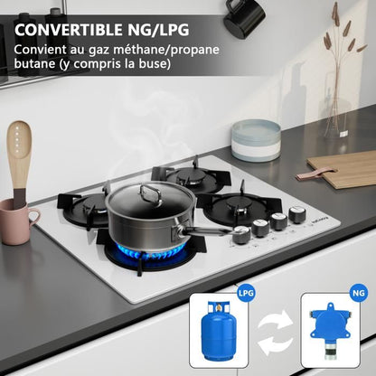 Plaque gaz encastrable - ISEASY - 4 feux 60 cm - Verre trempé - Supports fonte - Compatible NG/GPL