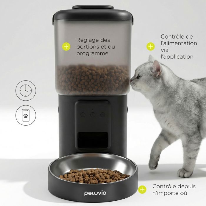 Distributeur de croquettes Automatique Chat PELUVIO Crispy - WiFi - 4,5 L - 4 Repas/jour - Enregistrement Vocal - Noir