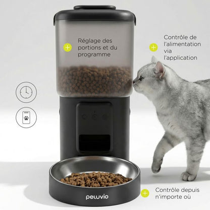 Distributeur de croquettes Automatique Chat PELUVIO Crispy - WiFi - 4,5 L - 4 Repas/jour - Enregistrement Vocal - Noir