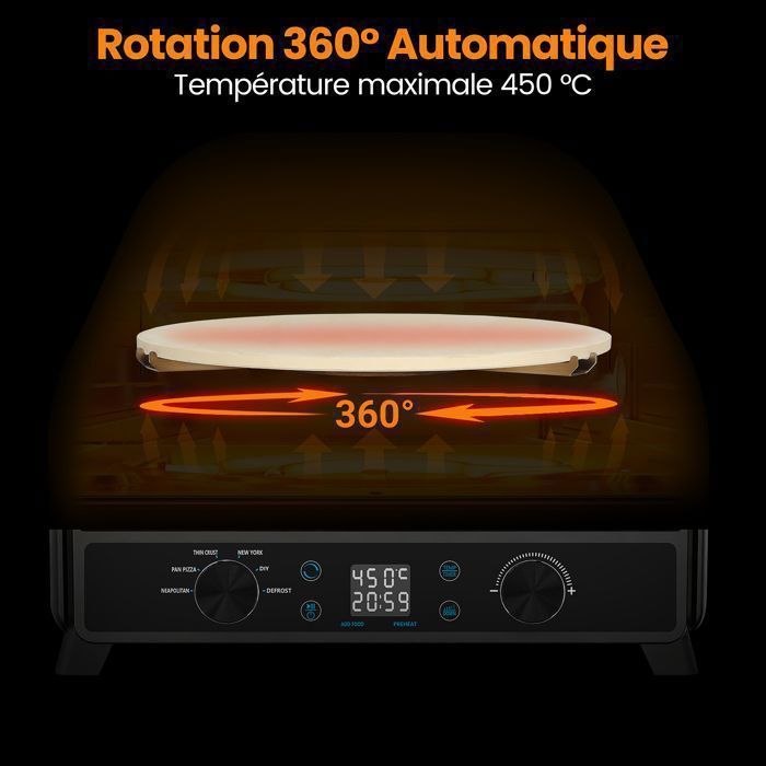 Four à pizza électrique professionnel - 80-450°C, Pizza en 90s, 6 Programmes, Pierre rotative 33cm, Coupe-pizza et pelle