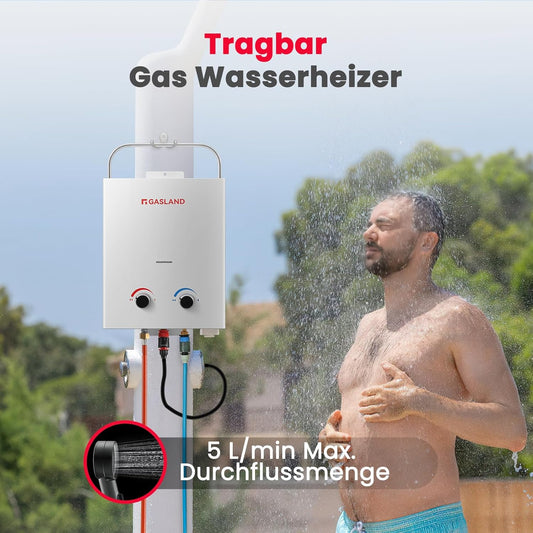 AS132 Chauffe-eau instantané au gaz 5 l - 50 mbar - Chauffe-eau GPL - Pour camping-car, camping, douche, lavage de cheval
