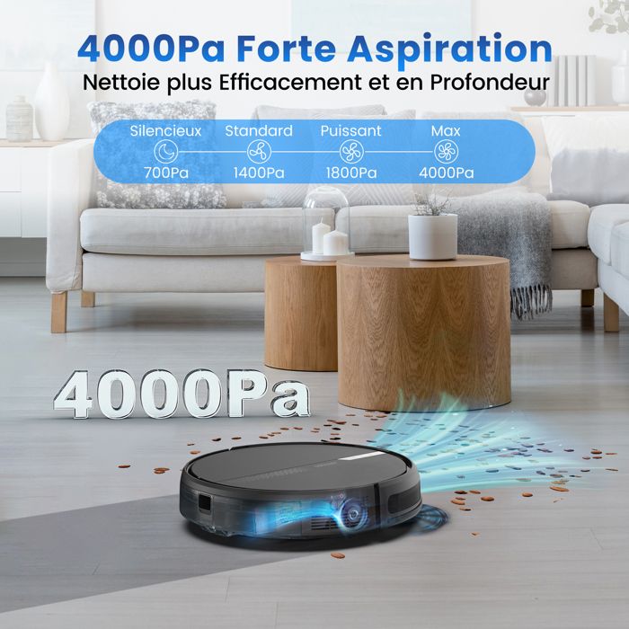 AIRROBO G60 Aspirateur Robot Laveur sans Fil 4000Pa, 120Min Longue Autonomie, Silencieux, Idéal pour Poils d'Animaux