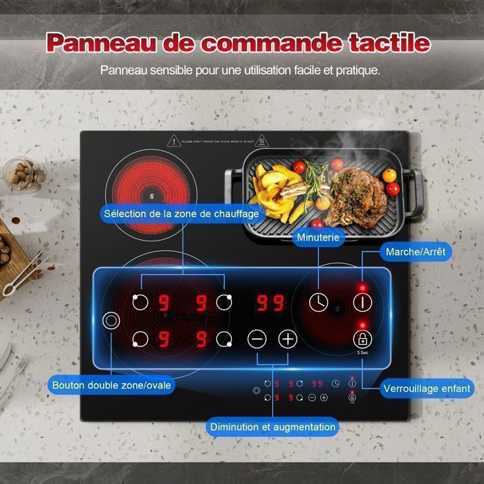 Plaque Vitrocéramique 4 Feux Encastrable,Sndoas 60cm Table de Cuisson,9 Niveaux de Puissance, Minuteur Intégré,6700W