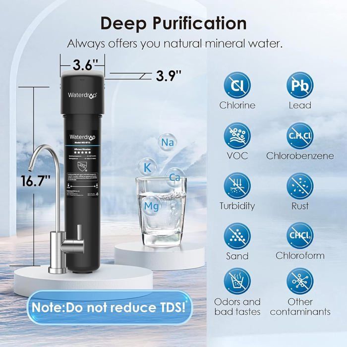 Waterdrop 10UB Système de Filtre à Eau Sous Évier avec Robinet Dédié, 11K Gallons de Filtration D'eau de Grande Capacité