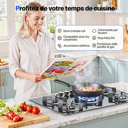 Plaque de Cuisson Gaz - WEHIMO - 3 Brûleurs - Verre Trempé - Allumage par Impulsion - 60x51 cm