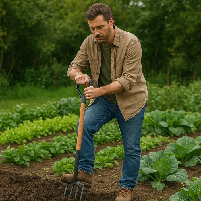 Pack 4 outils de jardin Acier Manche en Bois Fourche + Pelle carrée + Pelle ronde + Bêche VITO