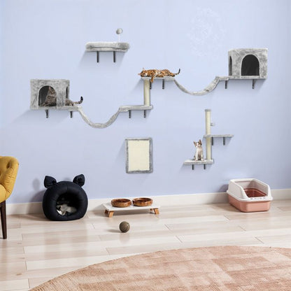 Balconera Lot 8 Murs escalade Chat - Peluche Stable, Arbre Mural Griffoirs, Pont, Escaliers & Boule, Gris Foncé