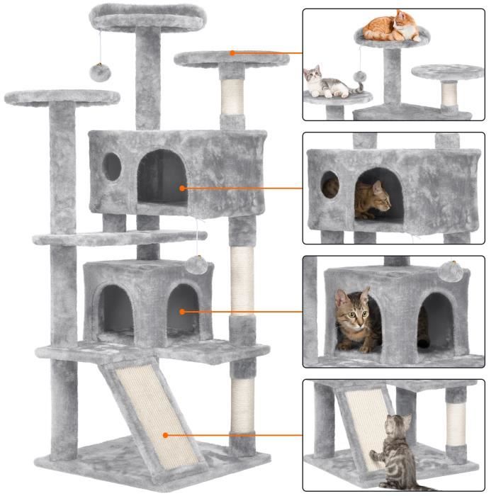 Yaheetech Arbre à Chat Chatons Grattoir Griffoir avec 3 Plateformes/2 Niches/Poteaux en Sisal 49,5 x 49,5 x 137 cm Gris foncé