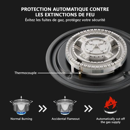 Plaque gaz encastrable - ISEASY - 4 feux 60 cm - Verre trempé - Supports fonte - Compatible NG/GPL