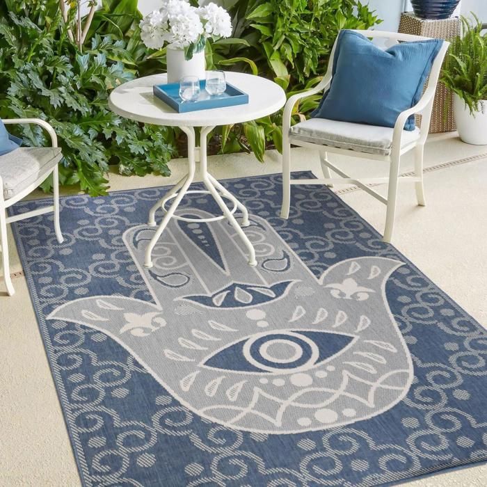 Tapis extérieur, kilim reversible 160x230 LYN2 L REVERSIBLE bleu et beige