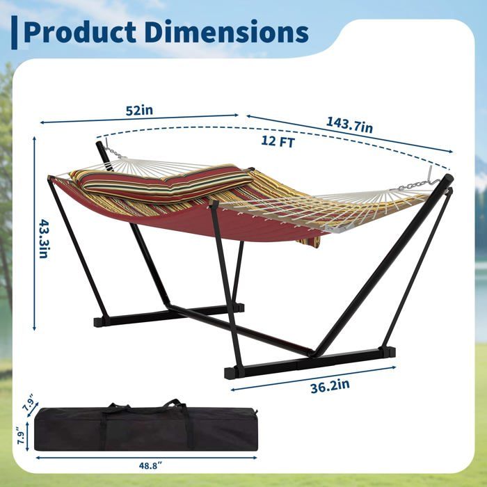 Hamac Double avec Support - 450 lbs, Toile Coton & Coussin Amovible - Pour Jardin, Intérieur/Extérieur, Vert