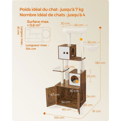 Arbre à Chat de 170 cm de Haut, Niche pour Chat, Meuble Cache-Litière, Marron et Blanc