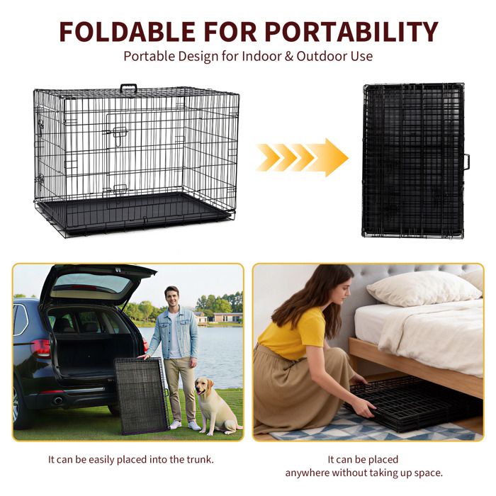 Cage pour Chien 42 “, Double Porte de Sécurité, Séparateur Amovible, Plateau Inclus, Cage Pliable, Voyage avec Chien, Noir