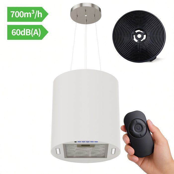 FIREGAS Hotte îlot suspendue 35 cm, 700 m³/h, 3 vitesses, éclairage LED, arrêt différé, 2 filtres à charbon – Noir