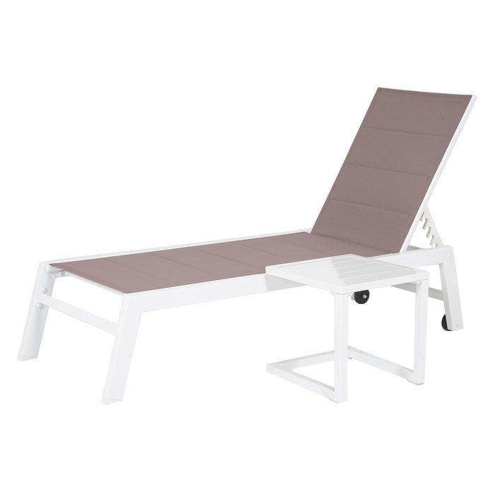 Set bain de soleil et table d'appoint BARBADOS en textilène taupe - aluminium blanc