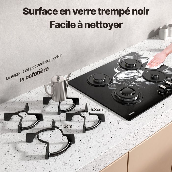 Plaque de Cuisson Gaz - WEHIMO - 5 Feux - Inox - Encastrable - 76x50 cm