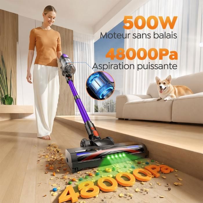 BUTURE VC100 Aspirateur Balai sans Fil - 48 kPa/500W - Filtration Efficace-Anti Emmêlement - Autonomie 55 min - Batterie Amovible