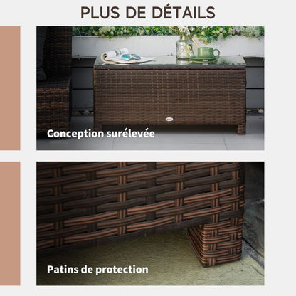 Table basse de jardin - Outsunny - plateau verre trempé 5 mm résine tressée terrasse - résine - 85x50x39cm - marron