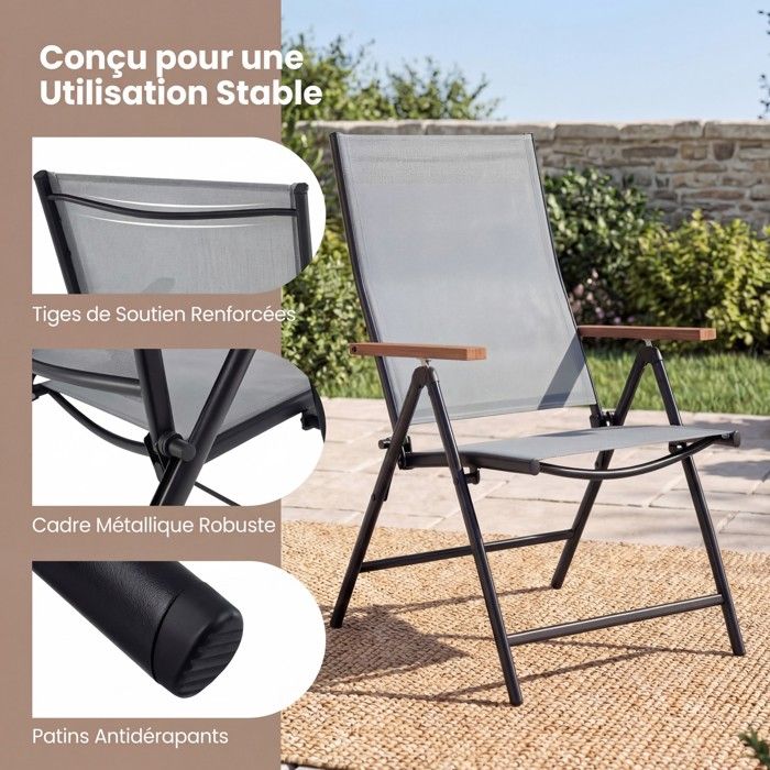Lot de 4 Chaises Pliantes de Jardin COSTWAY, Dossier Ajustable à 5 Positions, Accoudoirs, Cadre en Métal, Extérieur Intérieur, Noir